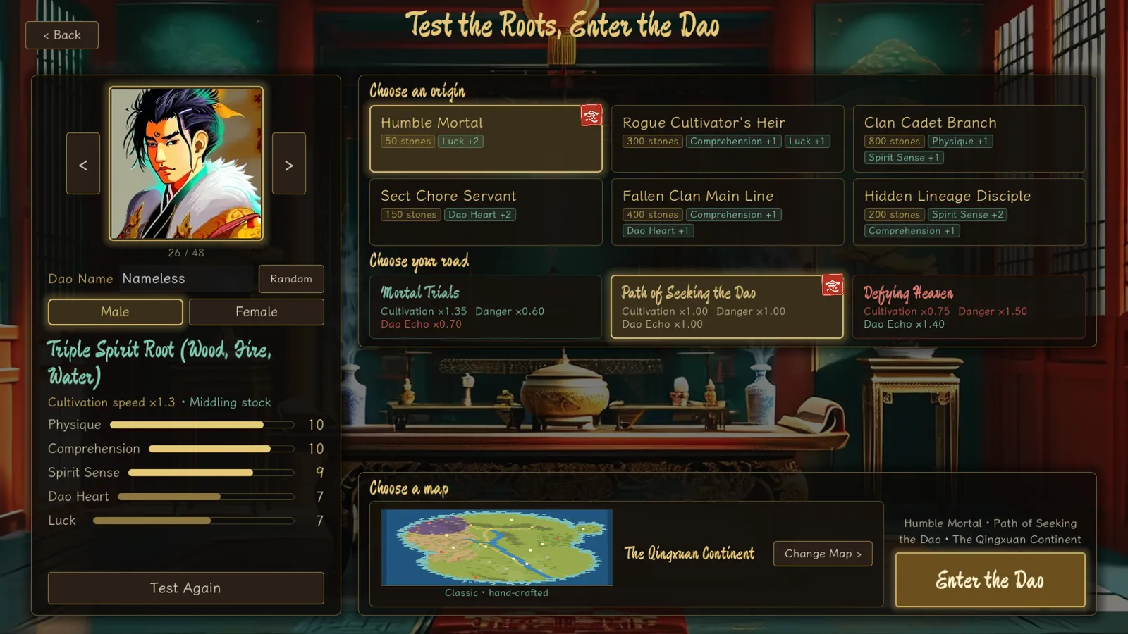 Character creation: a portrait, the spirit-root roll with its five attributes, and the choice of origin, road and world map