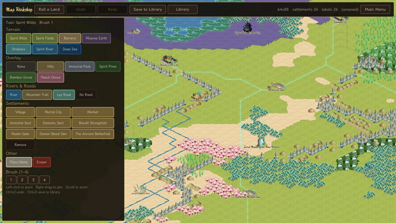 The Map Workshop editor placing terrain, roads, sects and secret realms onto a custom continent