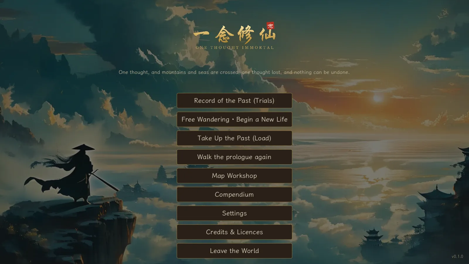 The main menu: a sword-bearing wanderer on a cliff above a sea of clouds, beneath the game's calligraphic title